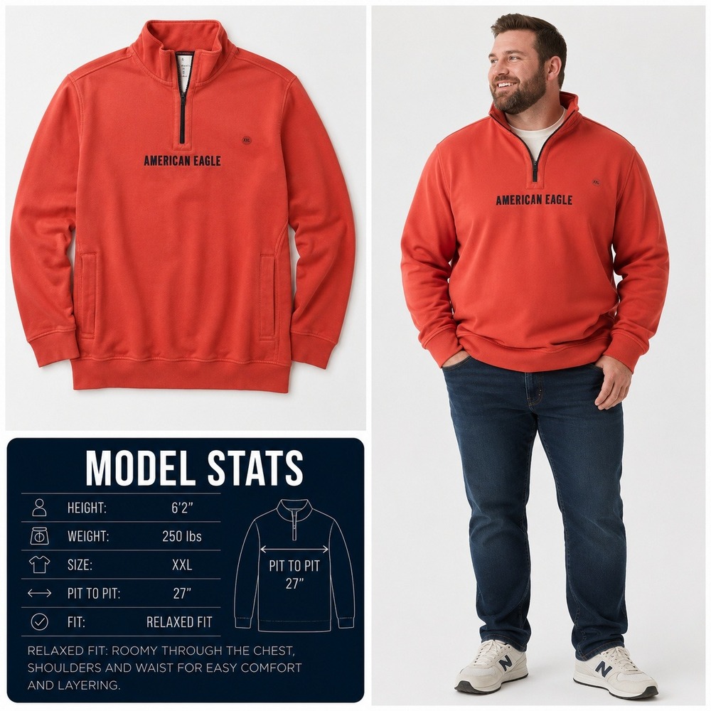 American Eagle Mens XXL Relaxed Fit‎ Quarter Zip Sweatshirt Orange Red 1183-800